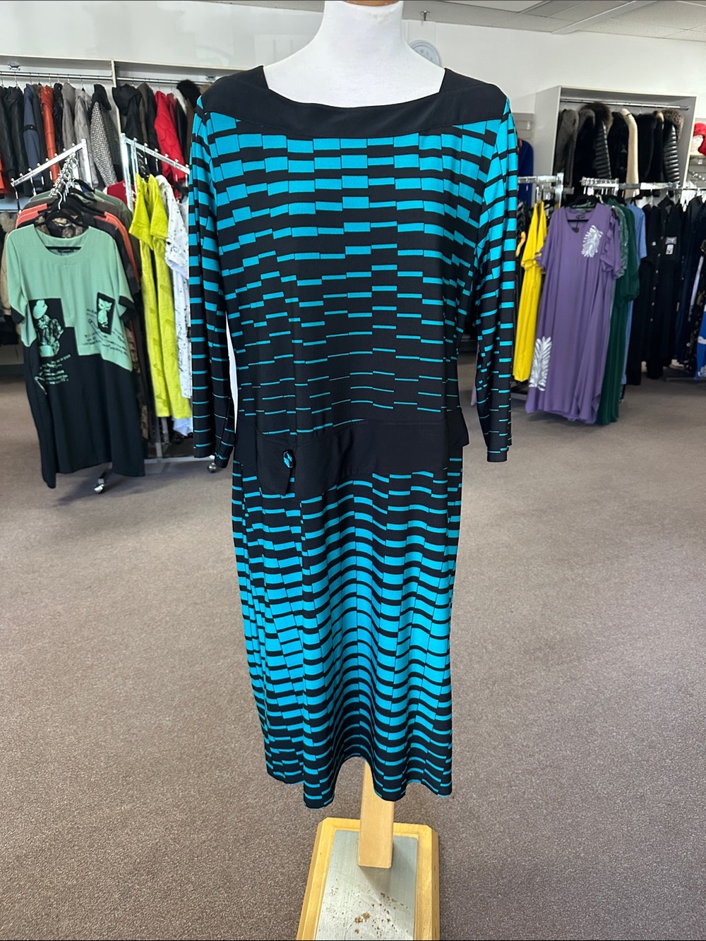 Black and Teal Striped Midi Dress – Women's Elegant Knit Dress